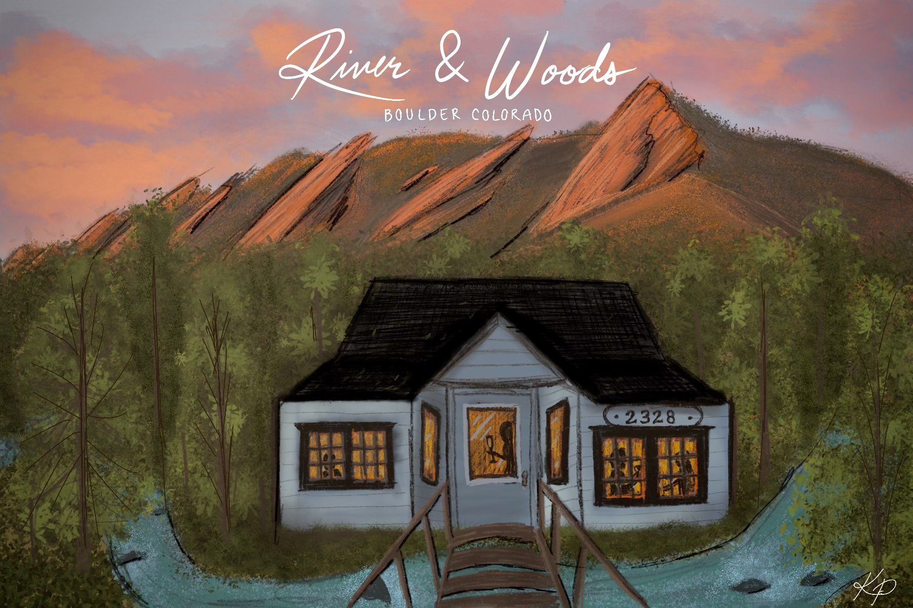 Illustration of the River and Woods cabin at 2328 Pearl Street with the Flatirons behind it